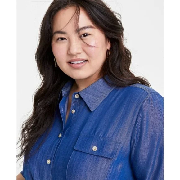 On 34th Plus Size Chambray Long-Sleeve Belted Shirtdress NWT - Picture 3 of 7